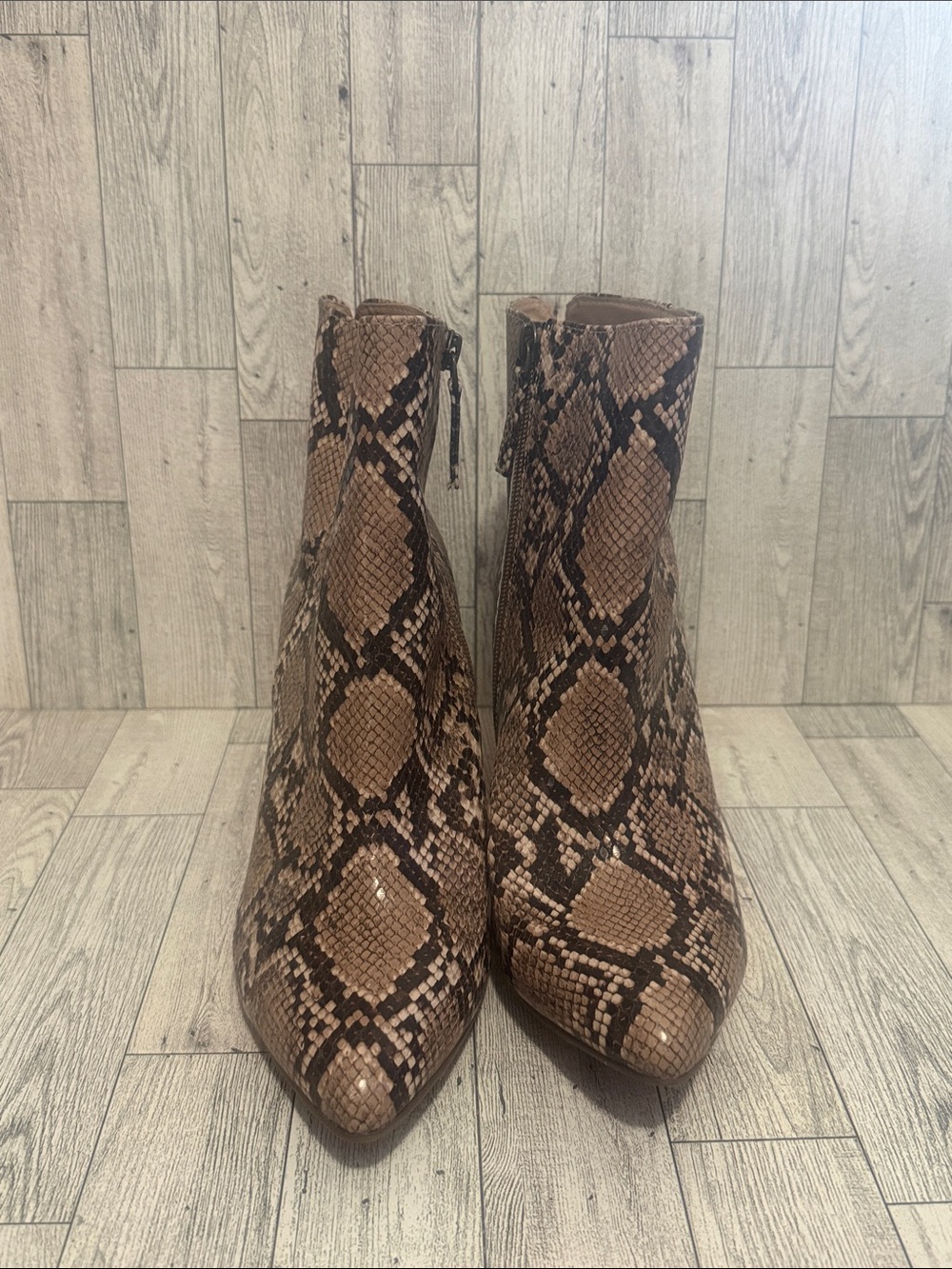 Snake-Print Pointed Toe Ankle Boots in Brown